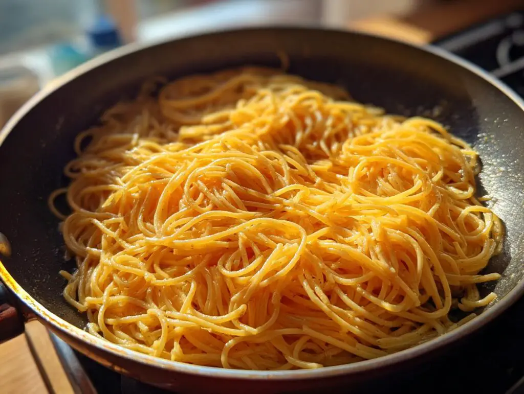 Spaghetti cooked in a pan, showcasing the viral pasta hack.