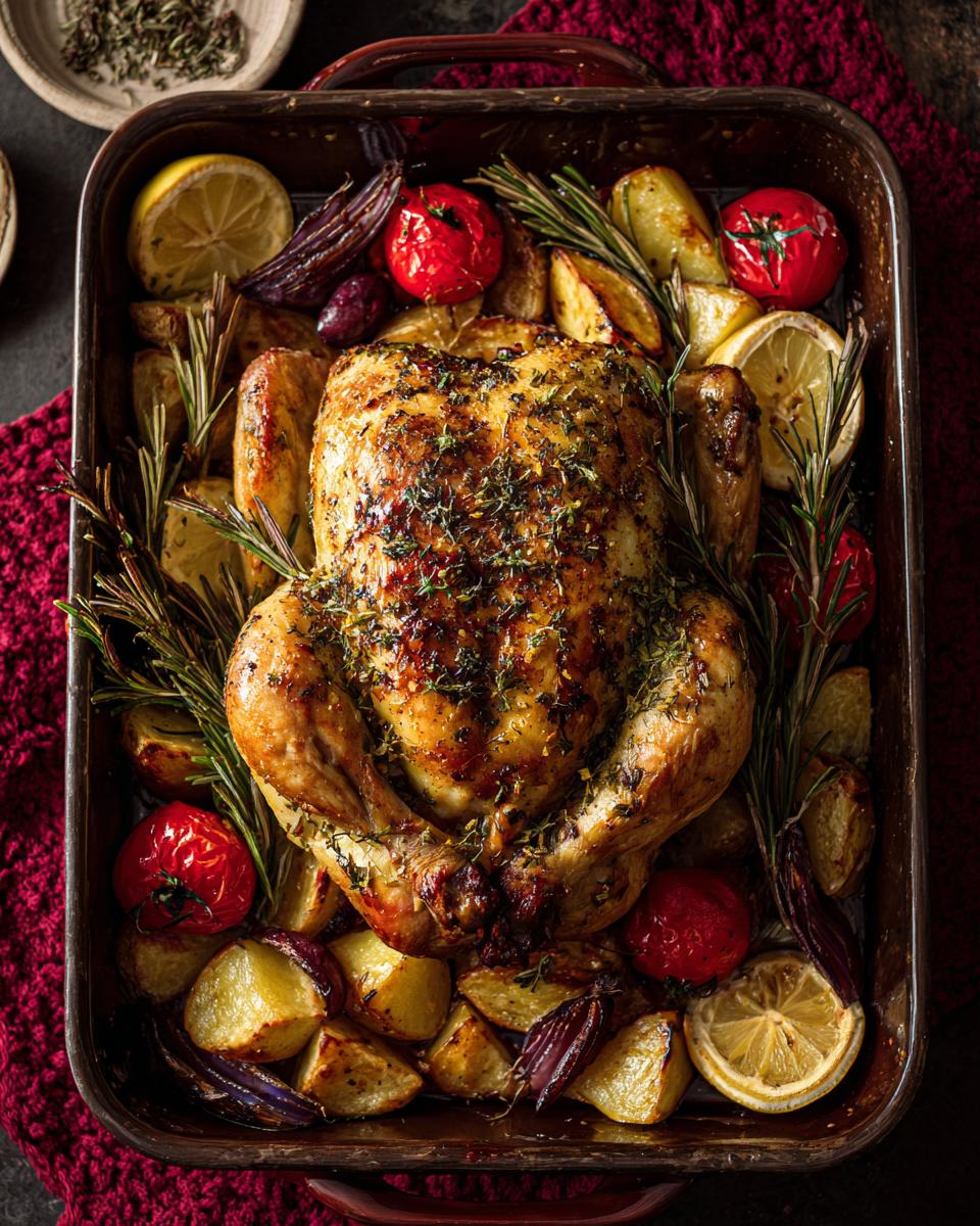 Overhead shot of a whole roasted chicken with potatoes, tomatoes, and lemon, perfect for the ultimate weeknight dinner.
