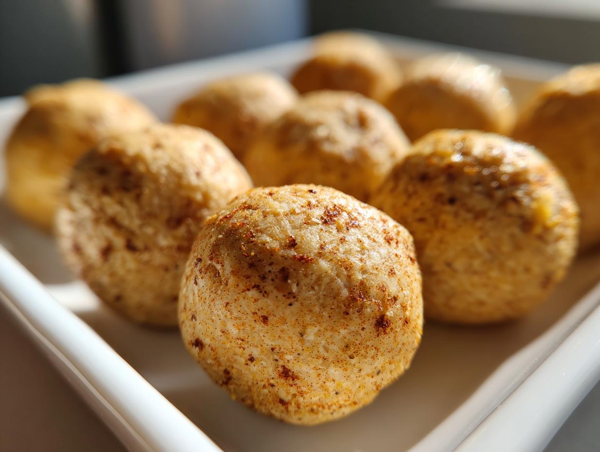 Close-up of homemade anti-inflammatory cat treats, round and golden, on a white plate.