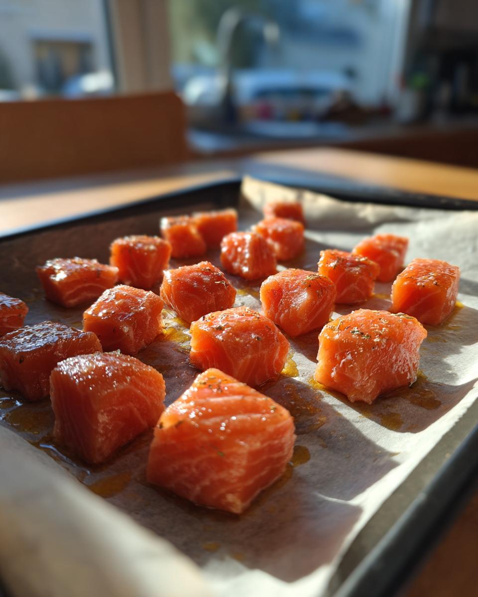 Close-up of Baked Salmon Cat Bites on a baking sheet, ready to be served.