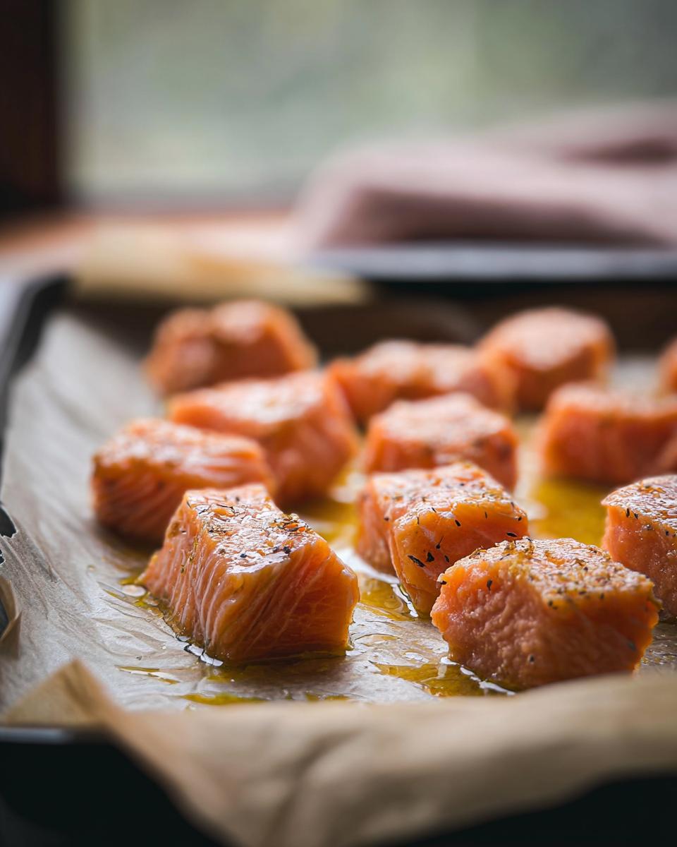 Close-up of freshly baked Baked Salmon Cat Bites on parchment paper, ready to serve.