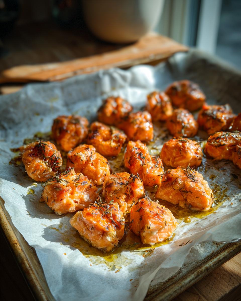 Close-up of Baked Salmon Cat Bites on a parchment-lined baking sheet, ready to serve.
