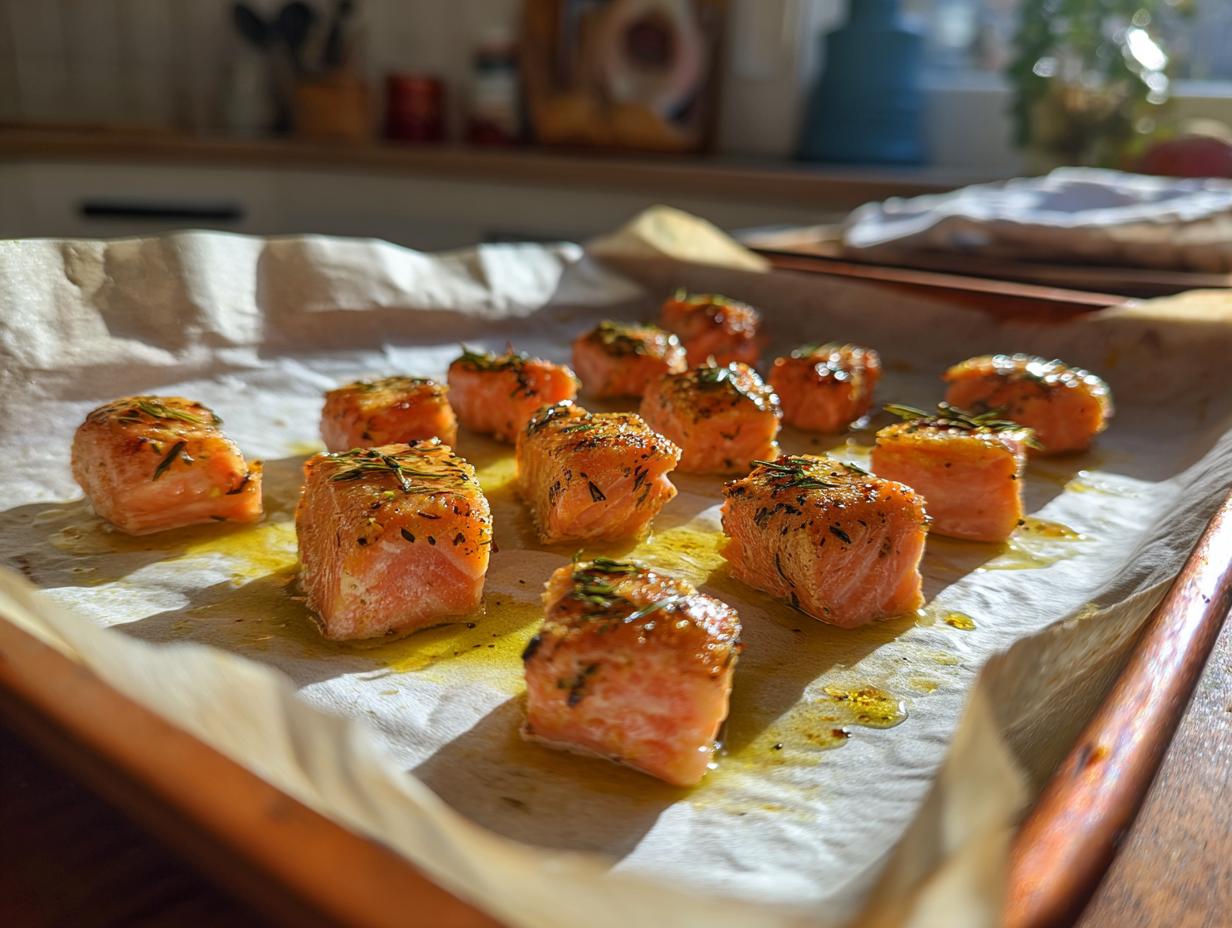 Close-up of freshly baked Salmon Cat Bites on parchment paper.