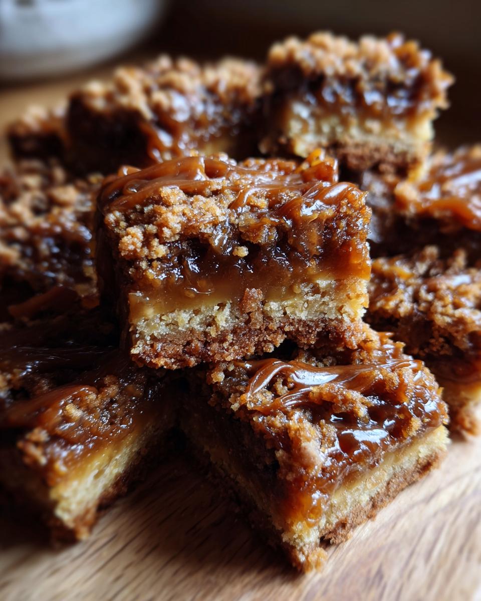 Close-up of Biscoff Caramel Sticky Toffee Bars, showing layers of caramel and crumble.
