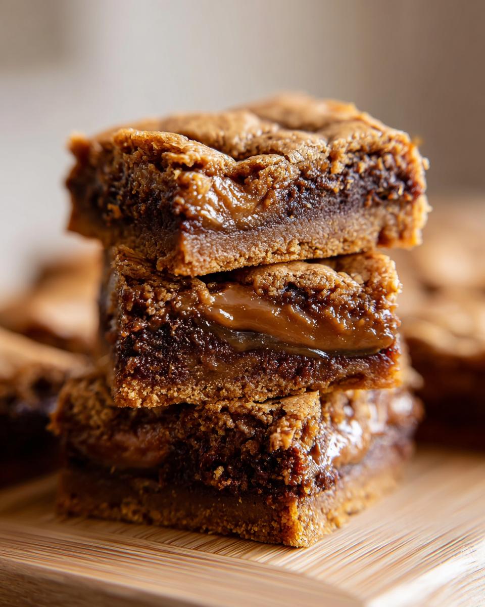 Close-up of stacked Biscoff Caramel Sticky Toffee Bars, showing layers of caramel and toffee.
