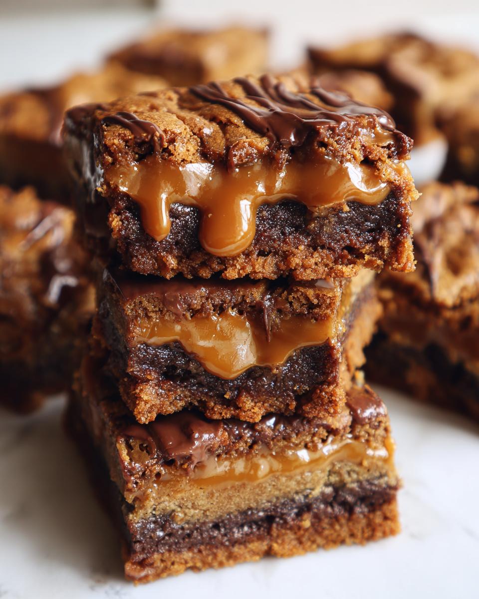 Close-up of a stack of Biscoff Caramel Sticky Toffee Bars with caramel dripping down.
