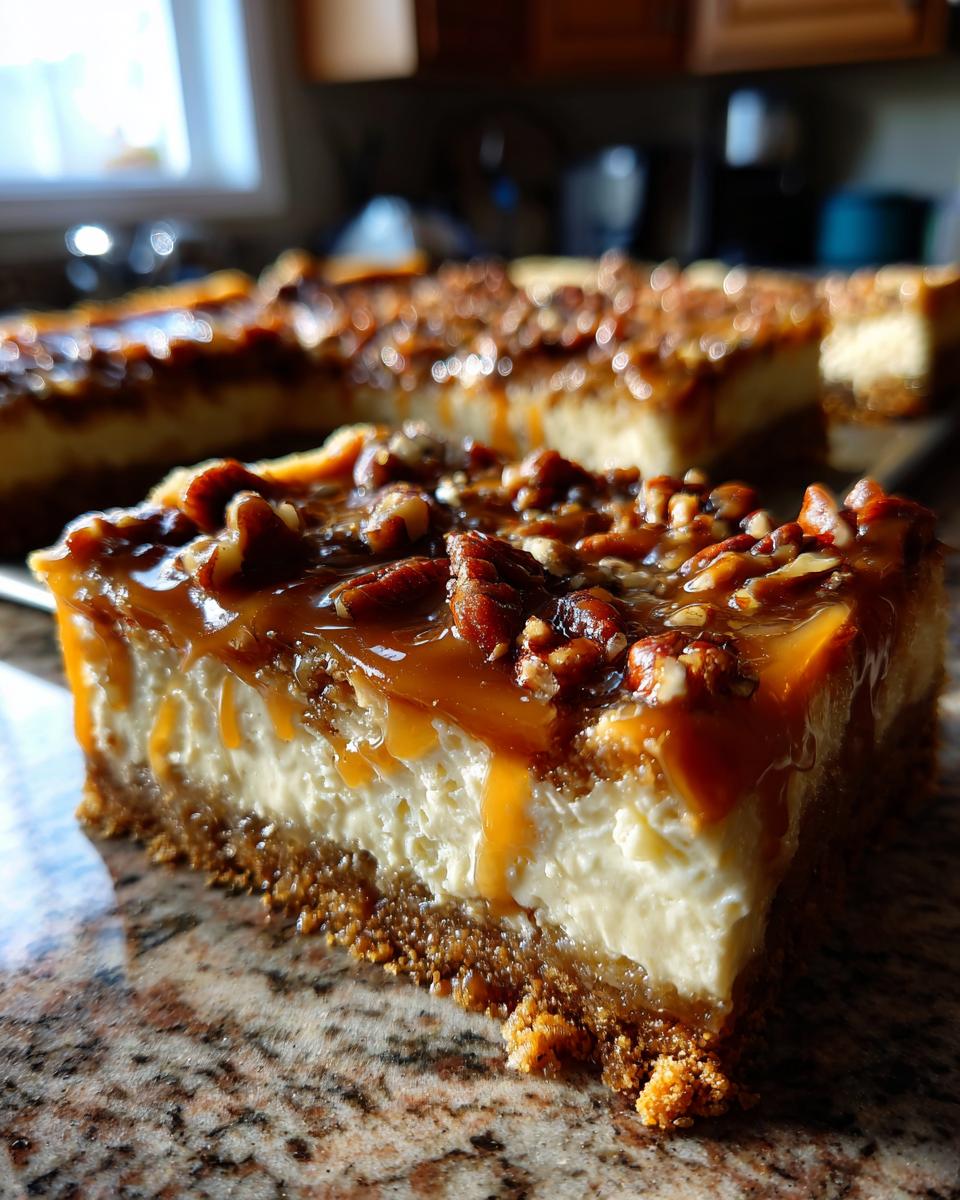 Close-up of a Caramel Pecan Cheesecake Bar with caramel and pecans.