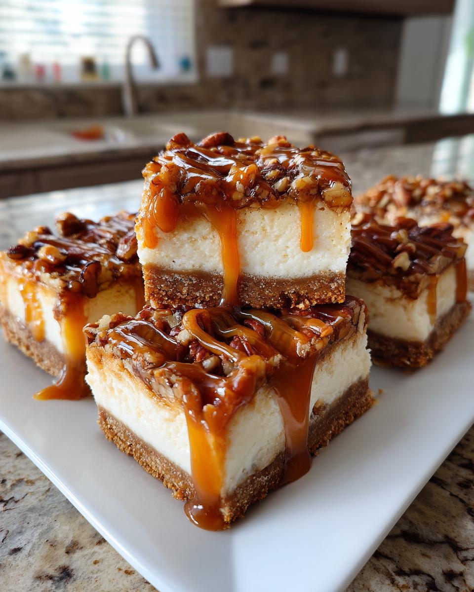 Close-up of stacked Caramel Pecan Cheesecake Bars with caramel sauce dripping down.