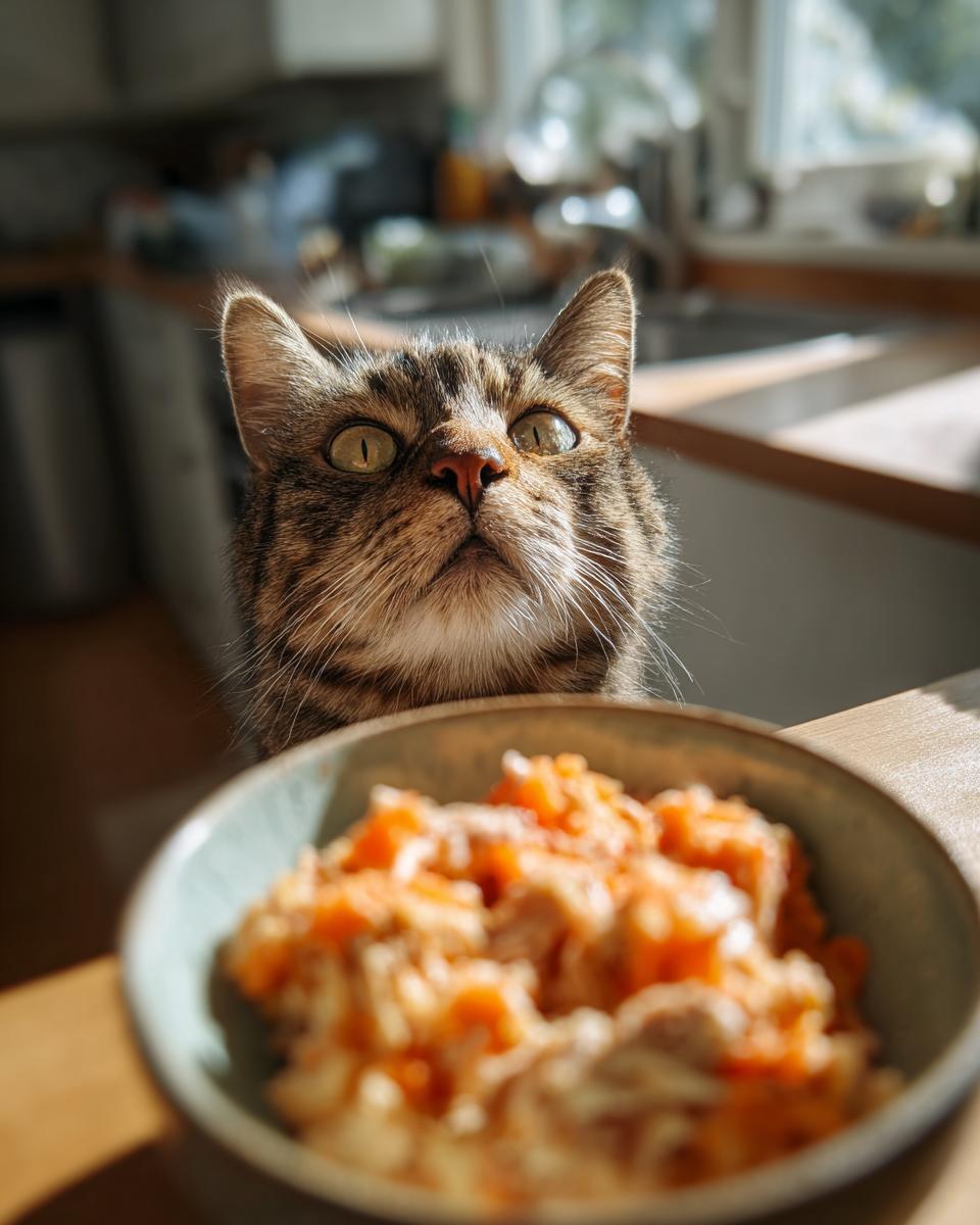 A tabby cat looking up at a bowl of High-Protein Senior Cat Meal, ready to eat.