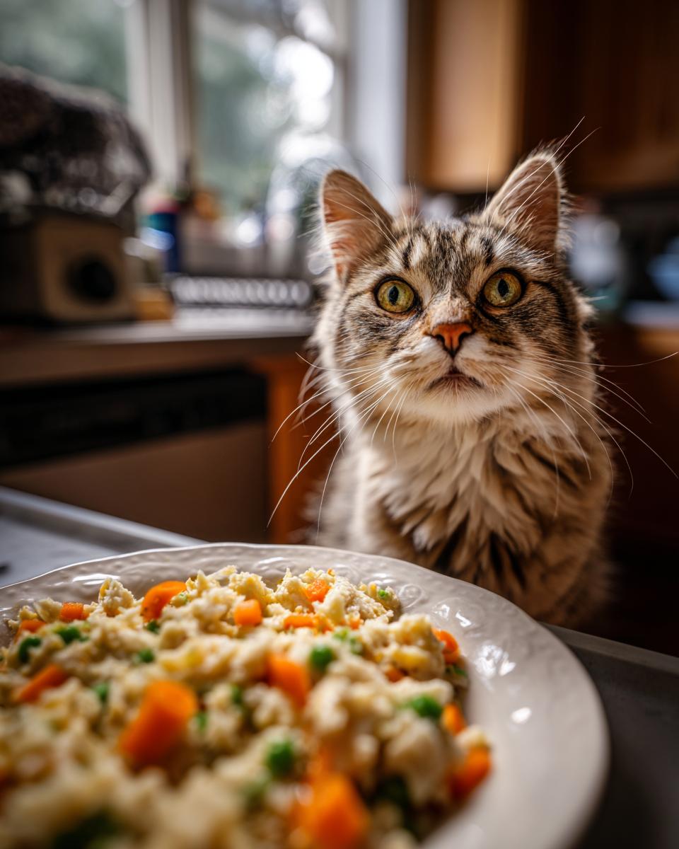 A cat looking intently at a plate of a healthy indoor cat meal with vegetables.