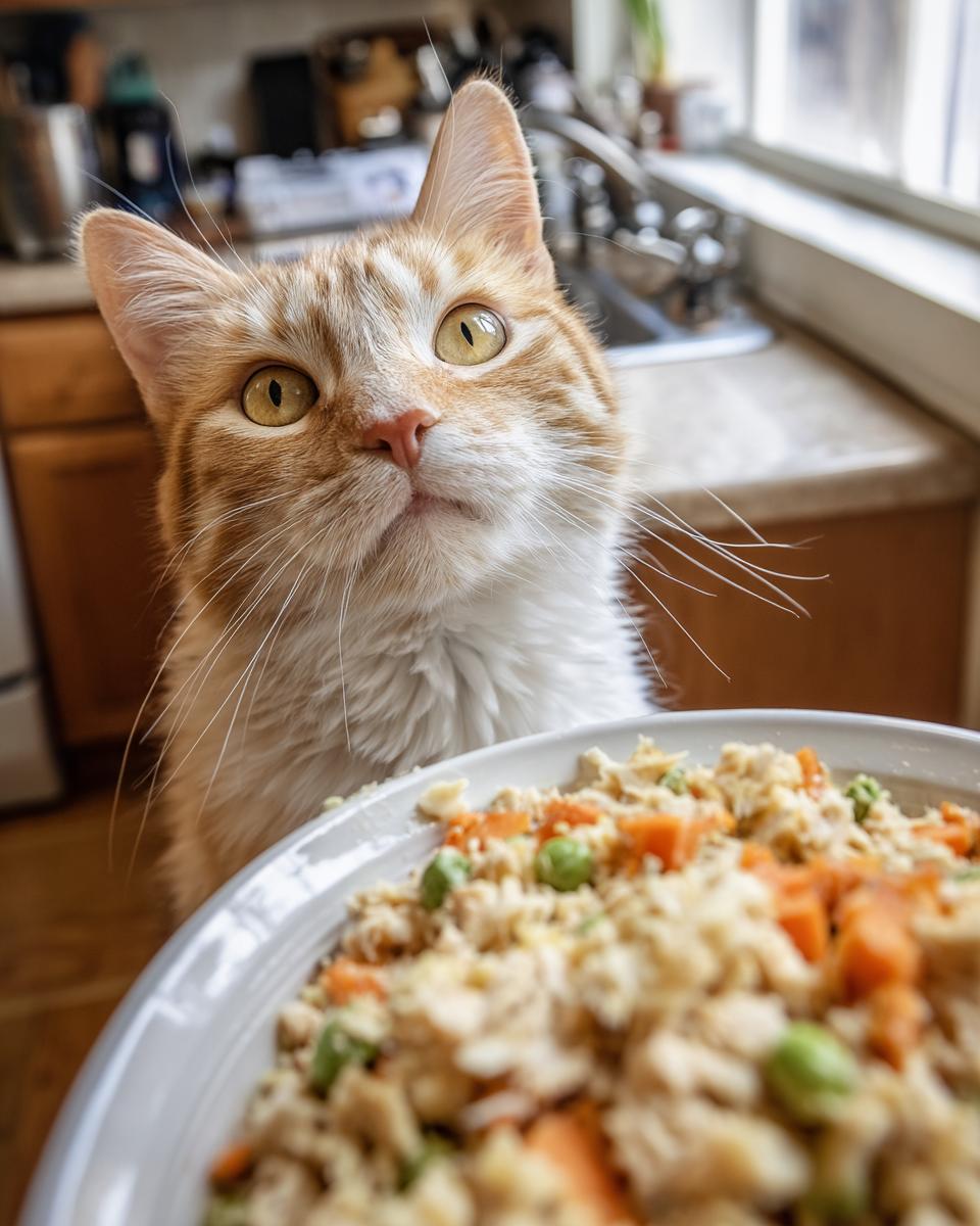 Orange cat looking at a bowl of healthy indoor cat meal, with carrots and peas visible.
