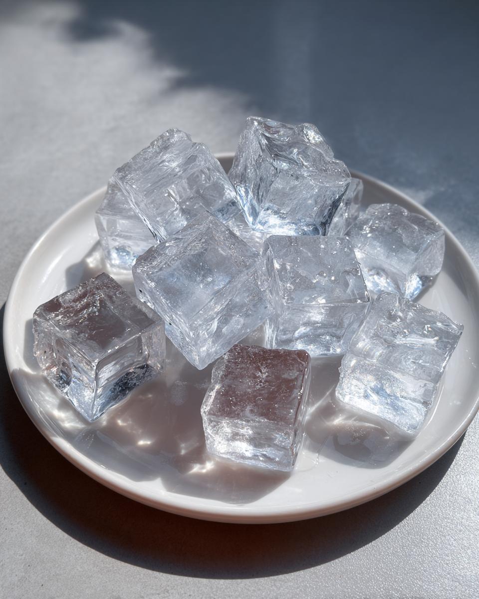 Close-up of clear ice cubes on a white plate, perfect for Homemade Cat Ice Treats.