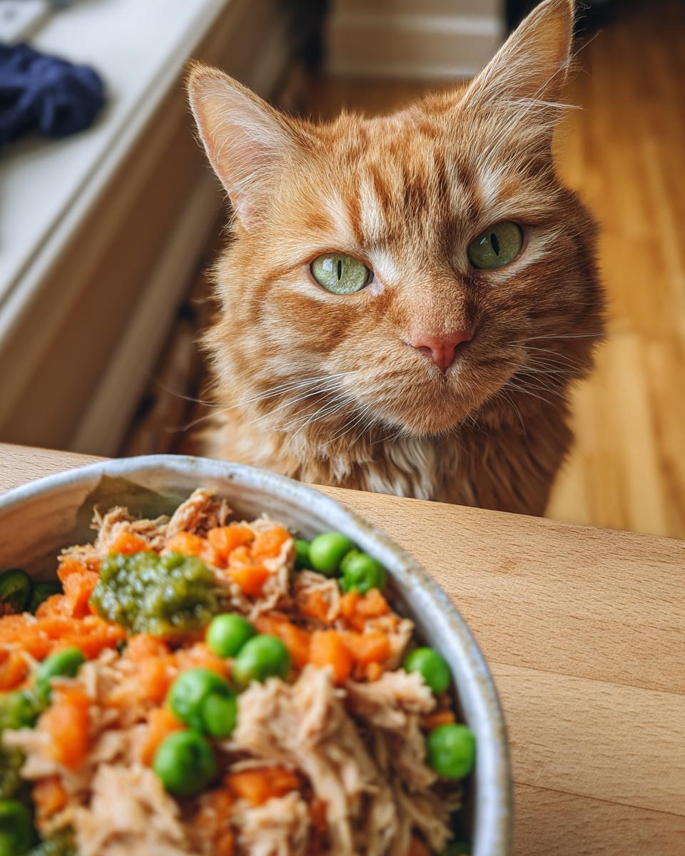 Orange cat with green eyes looking at a bowl of healthy indoor cat meal with peas and carrots.
