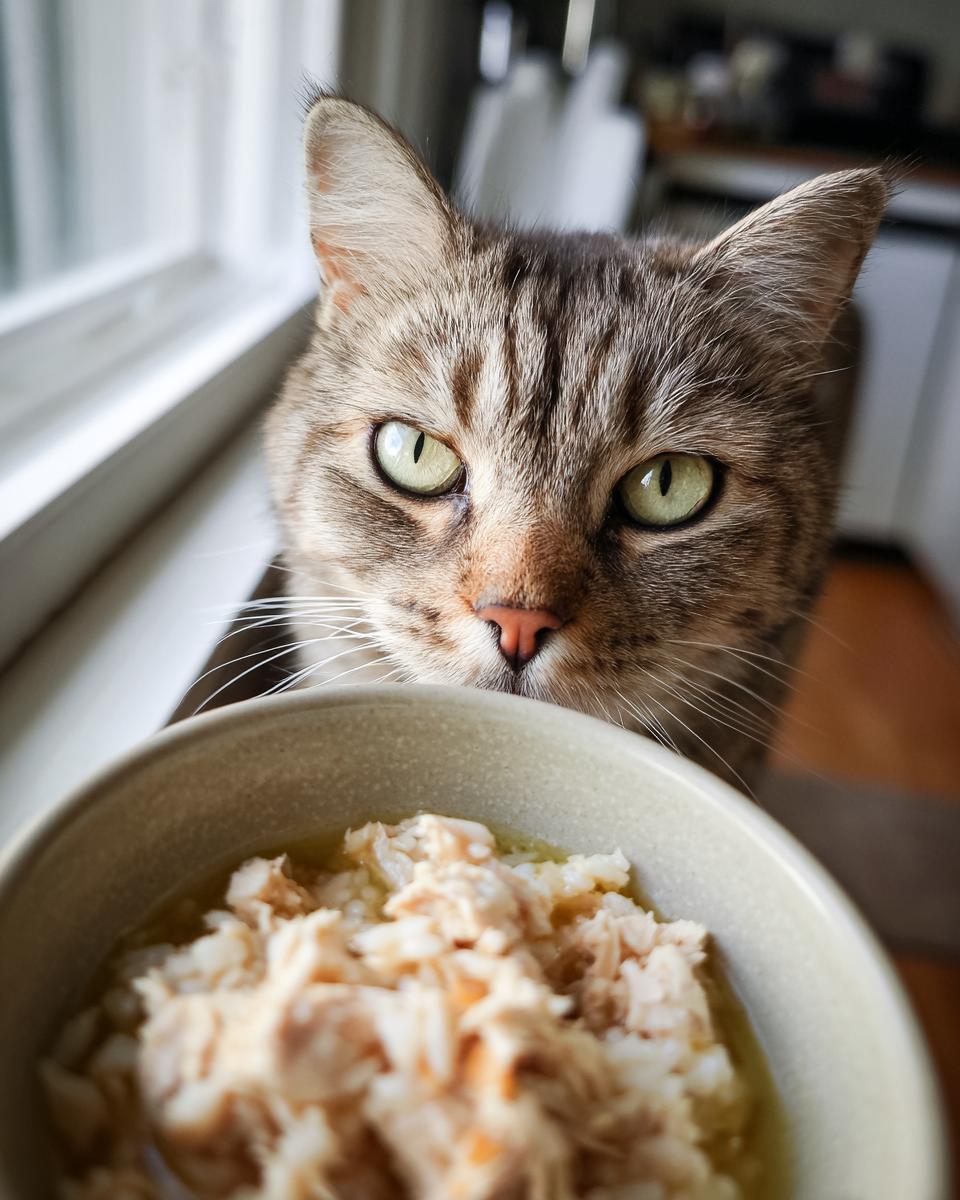 A cat looking at a bowl of High-Calorie Cat Recovery Meal, ready to eat.