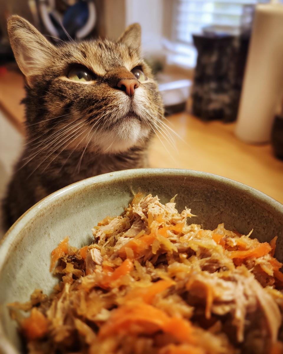 A tabby cat looking up at a bowl of High-Protein Senior Cat Meal, with carrots and shredded meat.