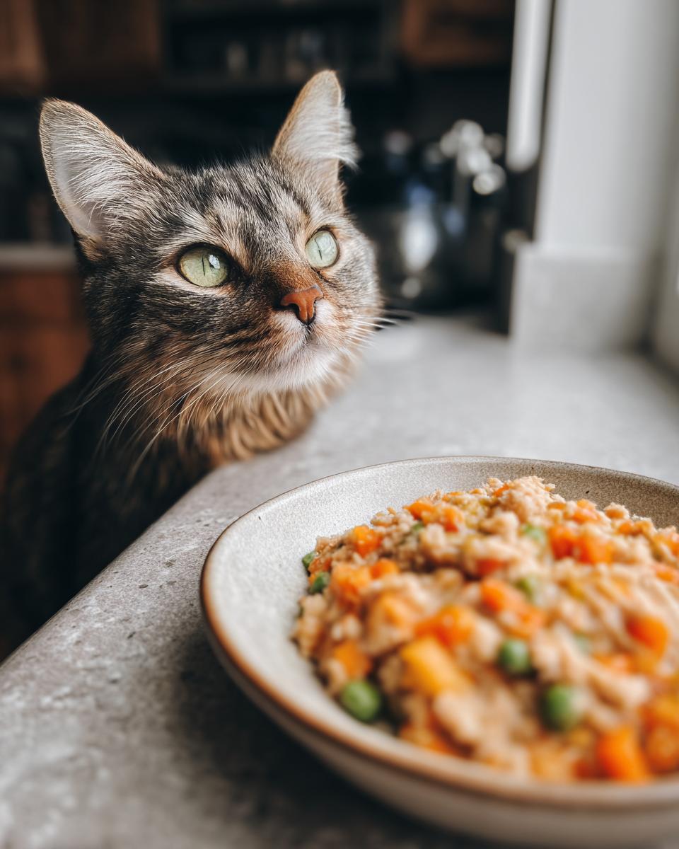 A cat looking longingly at a bowl of High-Protein Turkey Cat Food, a healthy meal.