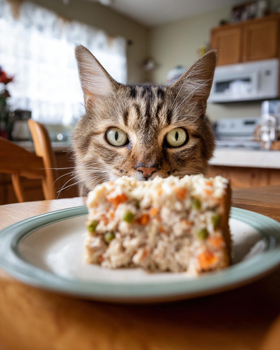 A curious cat looking at a slice of homemade cat birthday cake on a plate.