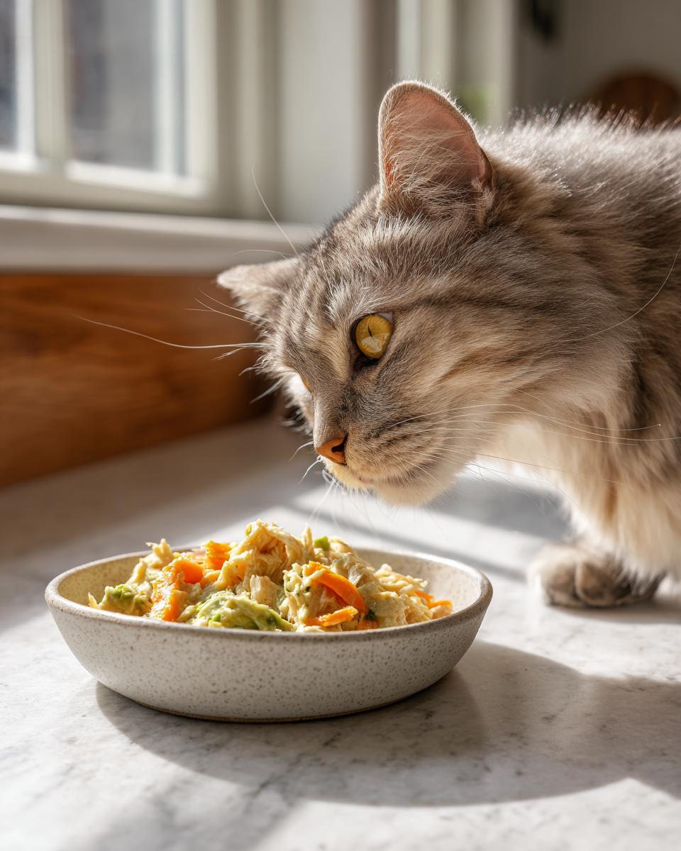 A cat sniffing a bowl of High-Protein Turkey Cat Food, ready to eat.