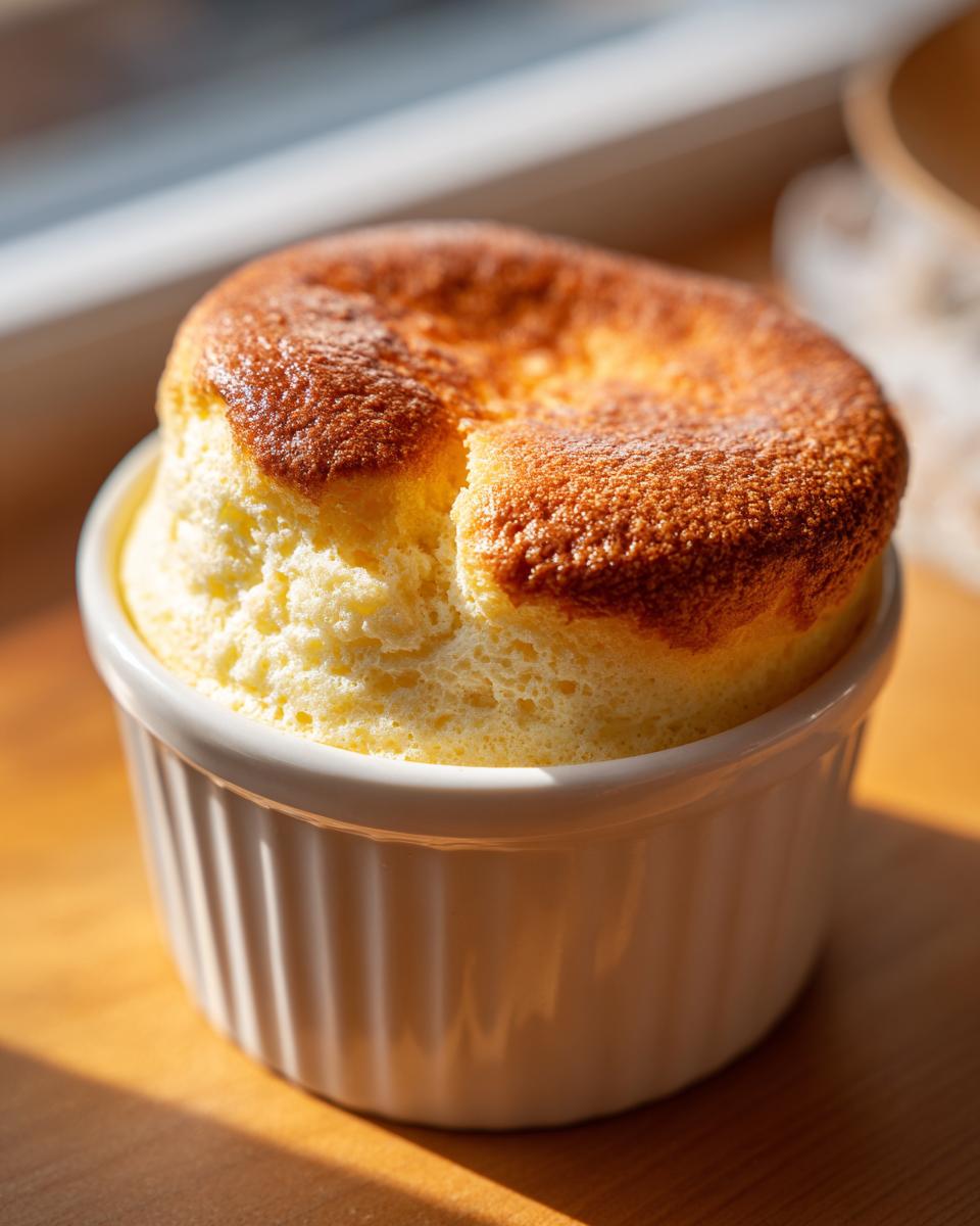 Close-up of a golden-brown cheese soufflé in a white ramekin, showcasing the fluffy texture. The image highlights the cheese soufflé.