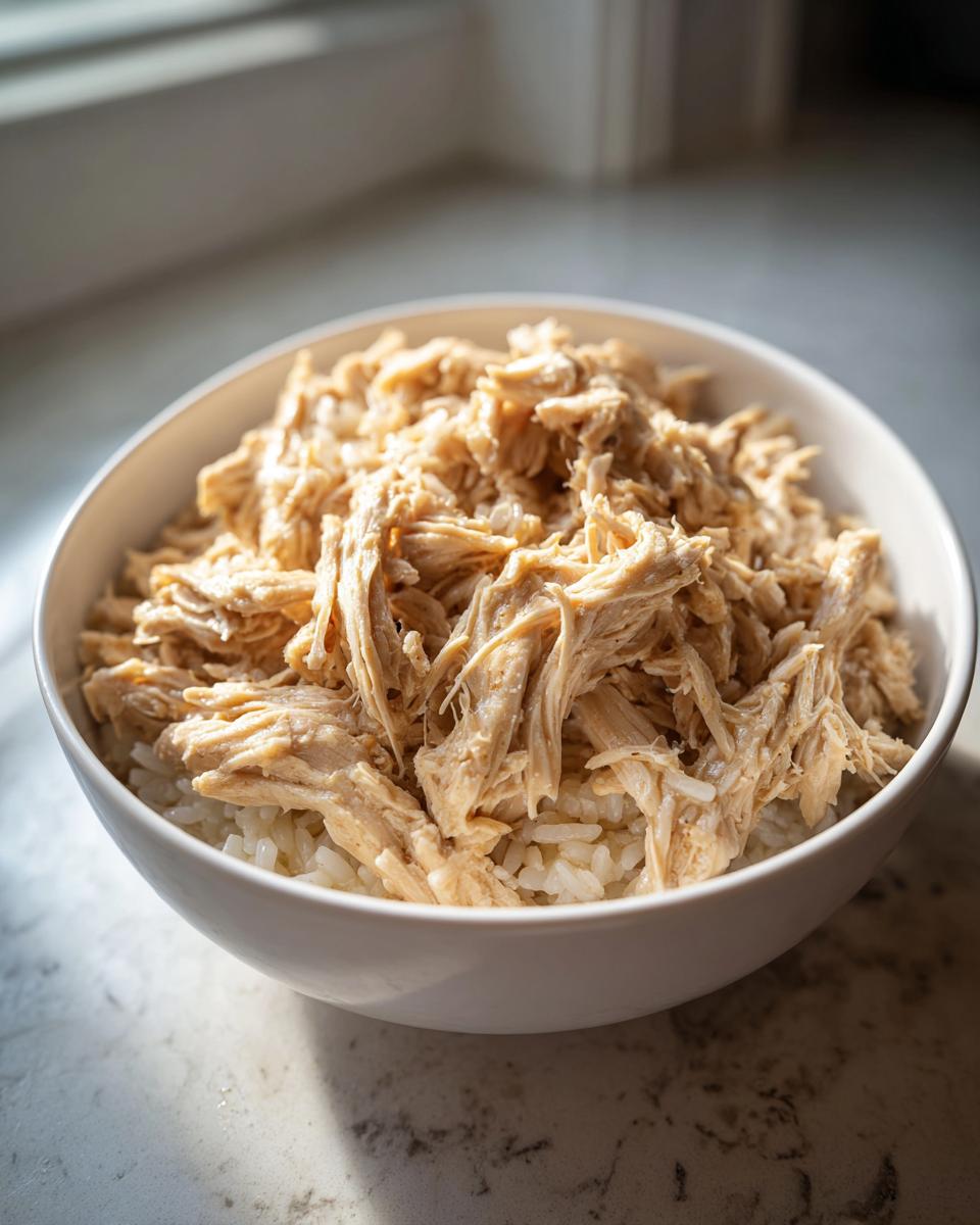 A white bowl filled with cooked chicken and rice, a homemade Chicken & Rice Cat Meal.