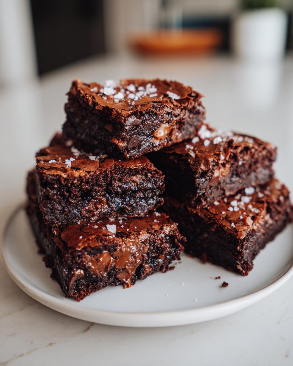 Stack of delicious Crispy-Edge Fudgy Brownie Bars with salted toffee on a white plate.