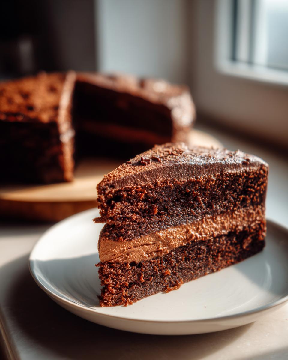 A slice of Decadent Double Chocolate Cake on a white plate, showing layers of chocolate cake and frosting.