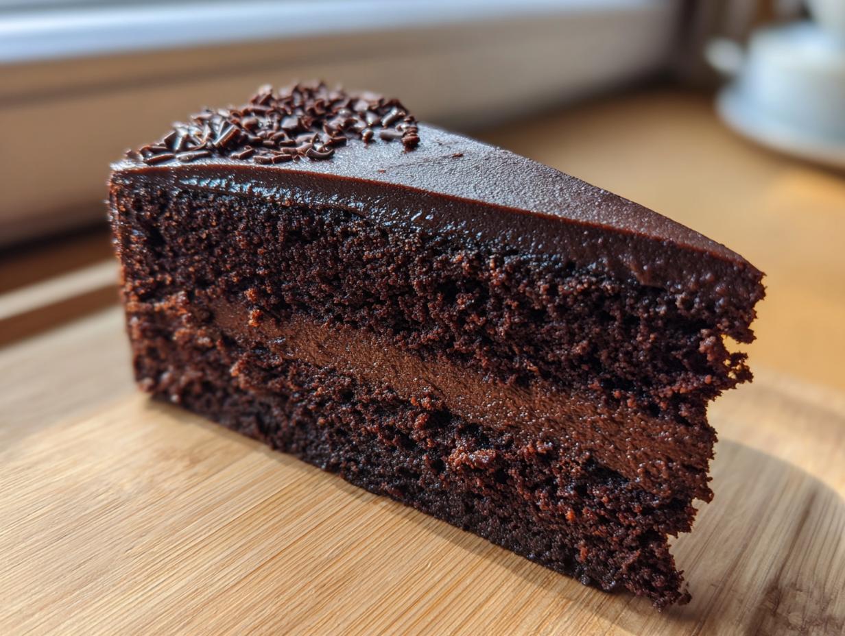 A slice of delicious Decadent Double Chocolate Cake on a wooden board.