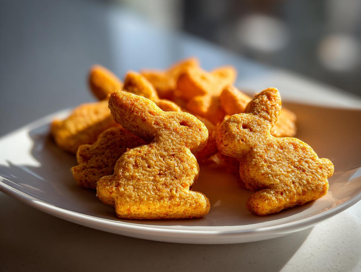 Close-up of Easter Bunny-Shaped Cat Treats on a white plate, perfect for your feline friend.