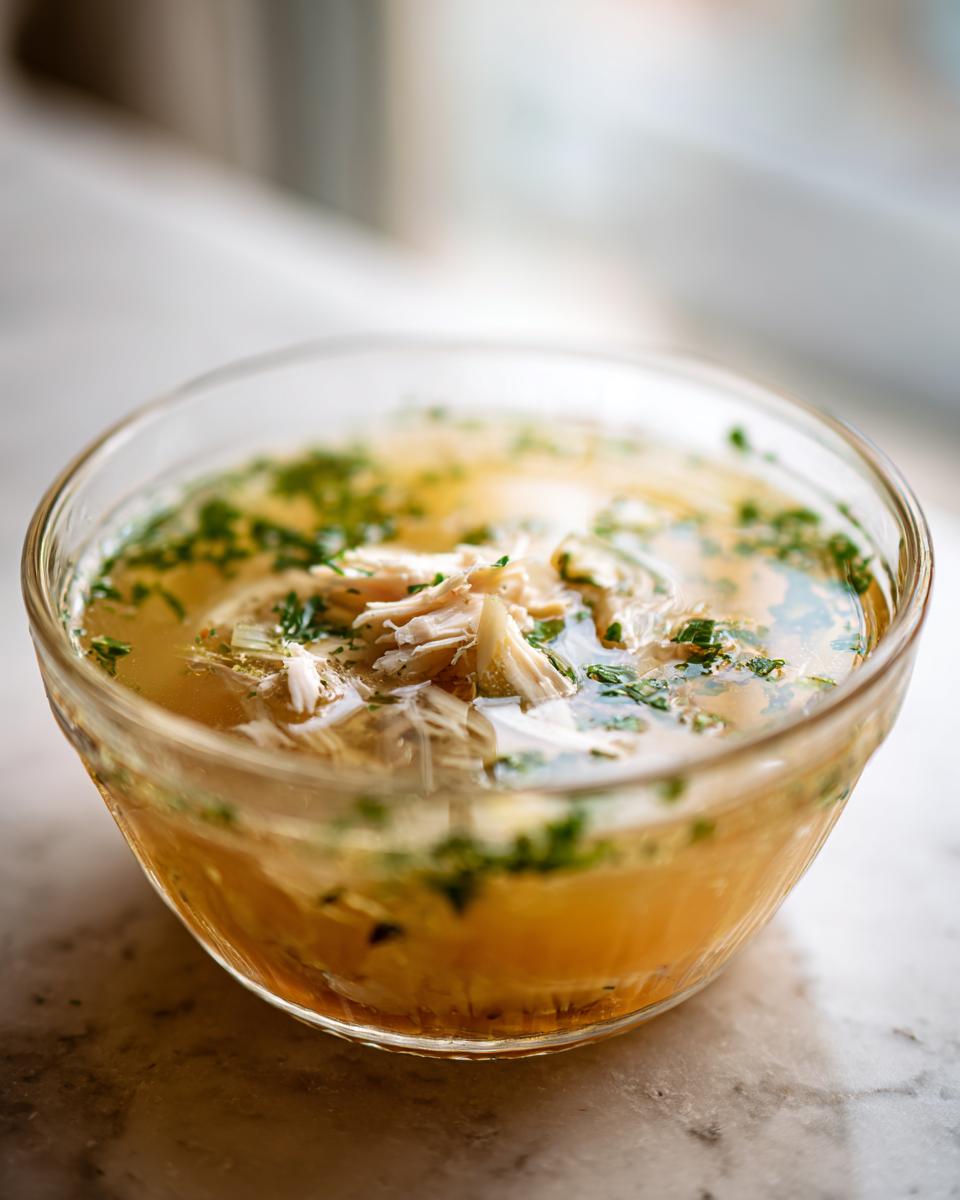 Close-up of a clear fish broth cat recipe in a glass bowl, garnished with herbs.