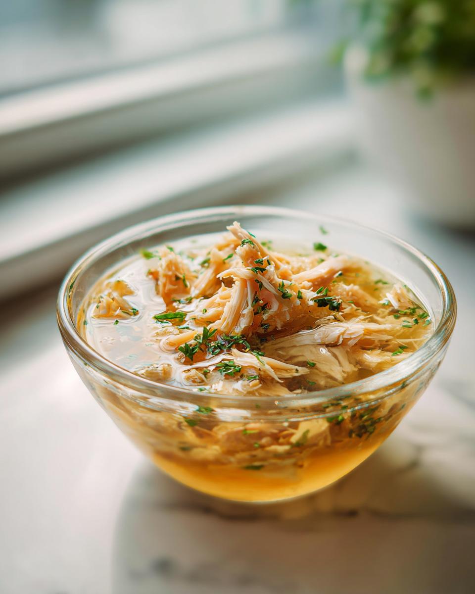 Close-up of a clear glass bowl filled with Fish Broth Cat Recipe.