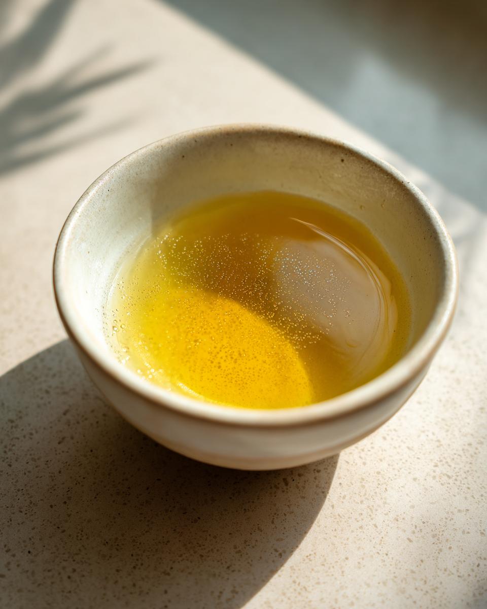 Close-up of a bowl filled with golden fish broth, perfect for a Fish Broth Cat Recipe.