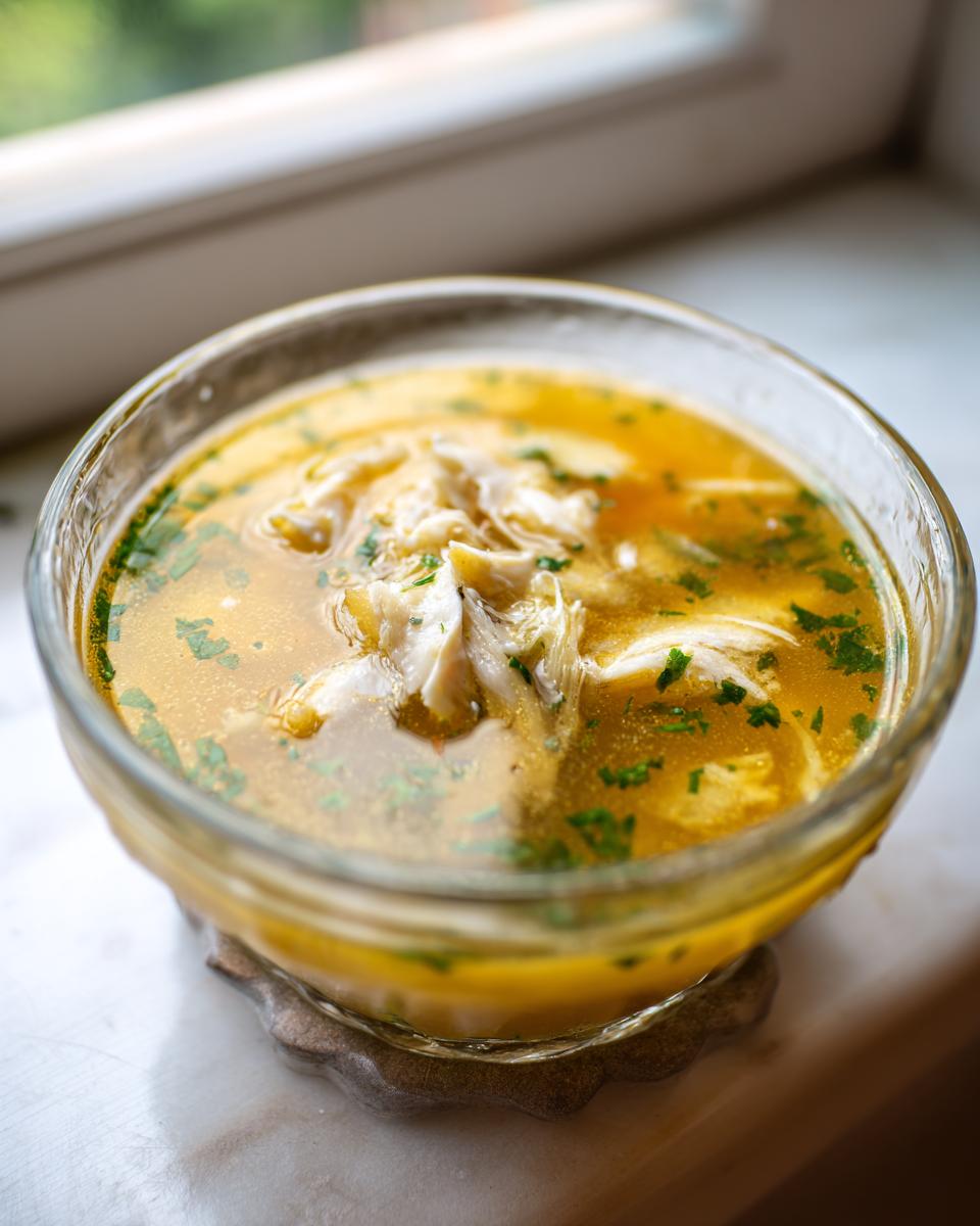Close-up of a bowl of homemade fish broth for cats, with shredded fish and herbs.