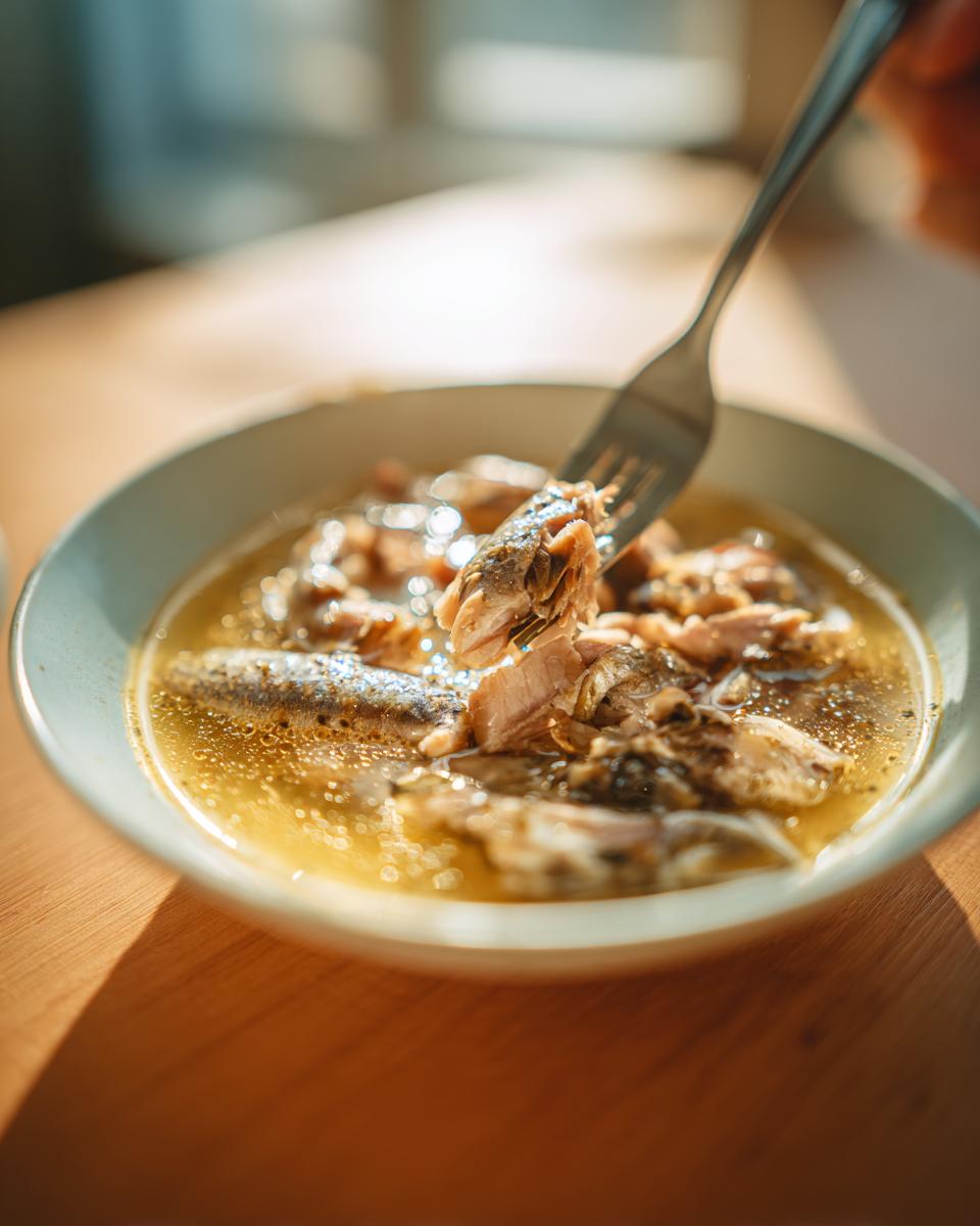 Close-up of a bowl of Fresh Sardine Cat Dinner being served with a fork.