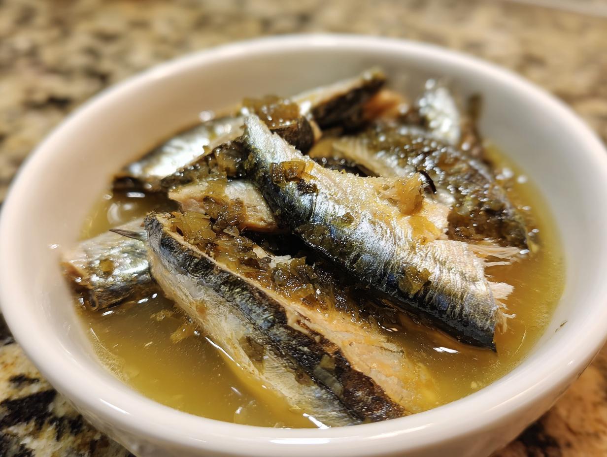 Close-up of a bowl of Fresh Sardine Cat Dinner, showing sardines in broth.