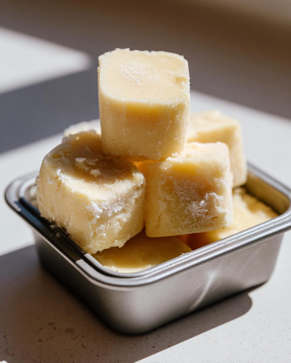 Close-up of frozen cat treats in a metal container. Perfect for a hot day.