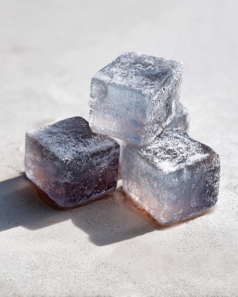 Close-up of several Frozen Tuna Cat Treat Cubes, showing texture and detail. The primary ingredient is tuna.