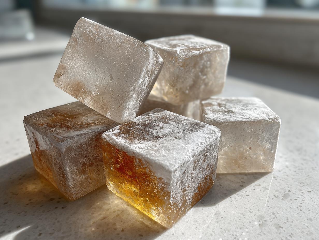 Close-up of several Frozen Tuna Cat Treat Cubes, a healthy treat for cats.