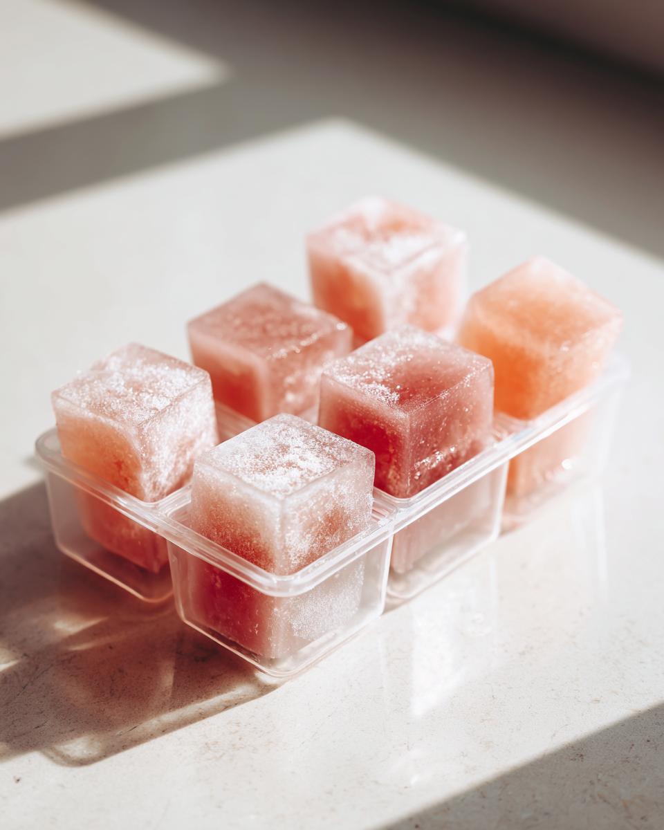 Close-up of Frozen Tuna Cat Treat Cubes in a clear plastic tray, ready to serve.