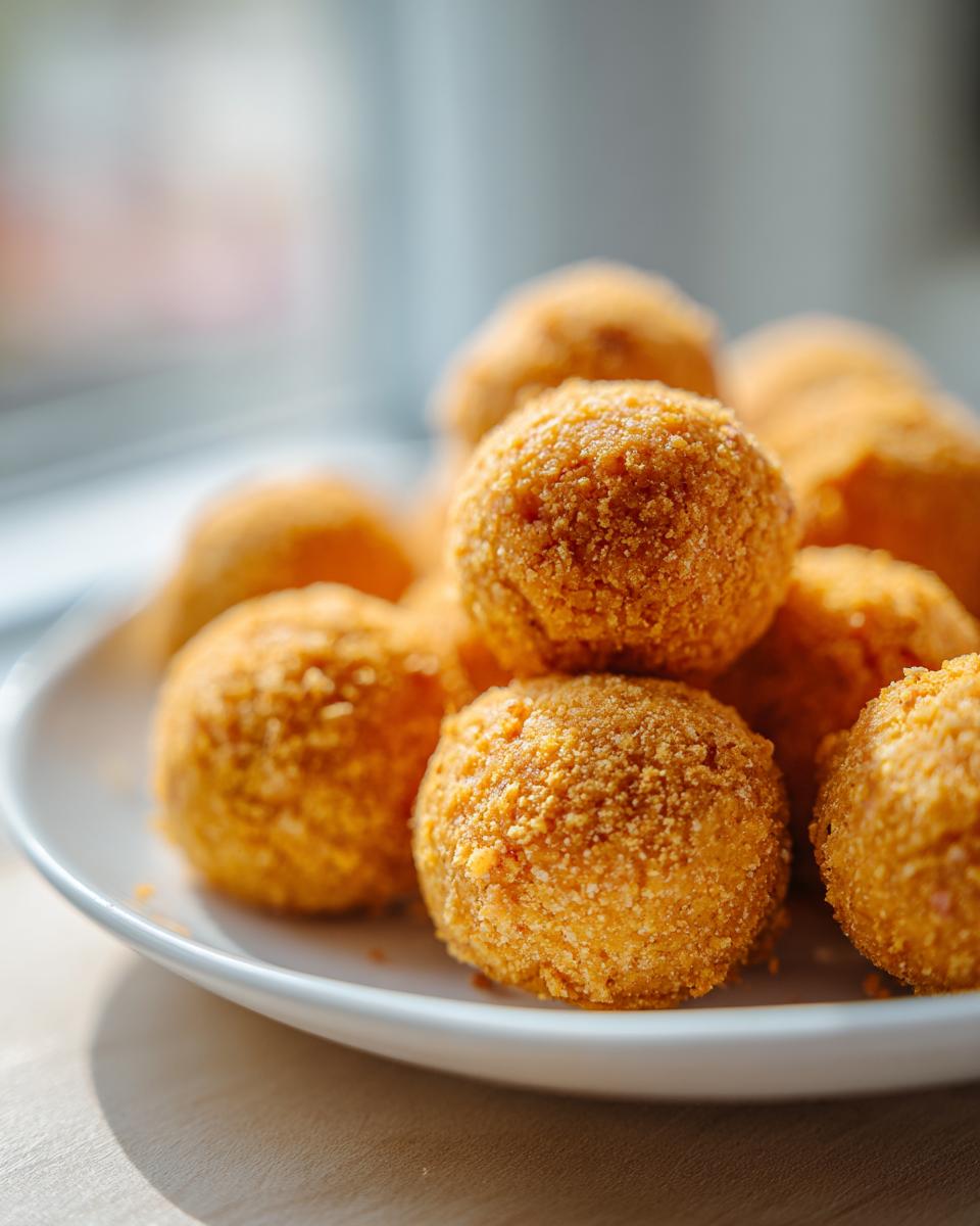 Close-up of a plate with a pile of Grain-Free Fish Cat Treats, round and golden.