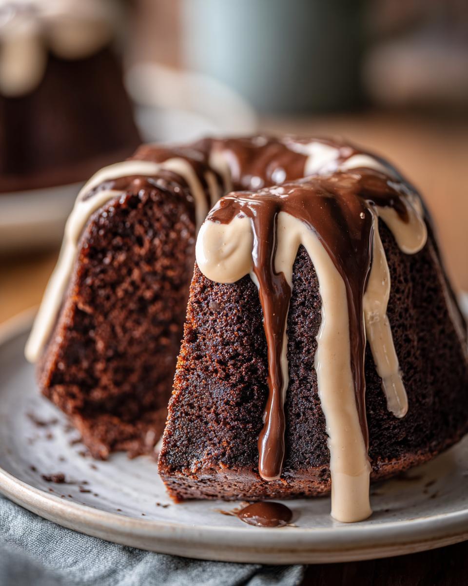 Close-up of a slice of Guinness Chocolate Bundt with Irish Buttercream Drip.