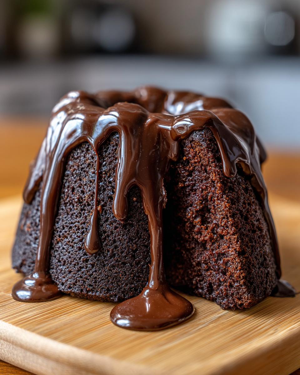 Close-up of a Guinness Chocolate Bundt with a rich chocolate ganache drip, on a wooden board.