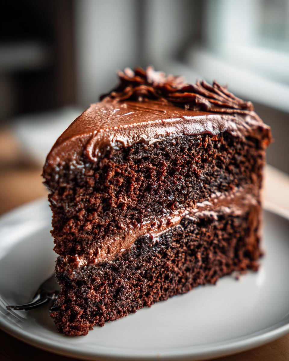 A slice of delicious Guinness Chocolate Cake with Irish Buttercream on a white plate.
