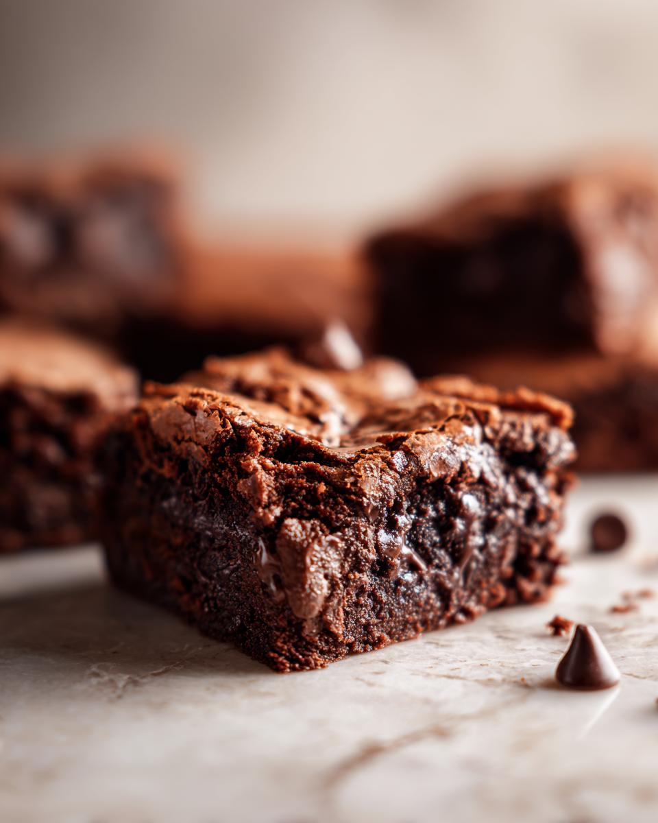 Close-up of a rich, fudgy Healthy Brownie with chocolate chips, perfect for a treat.