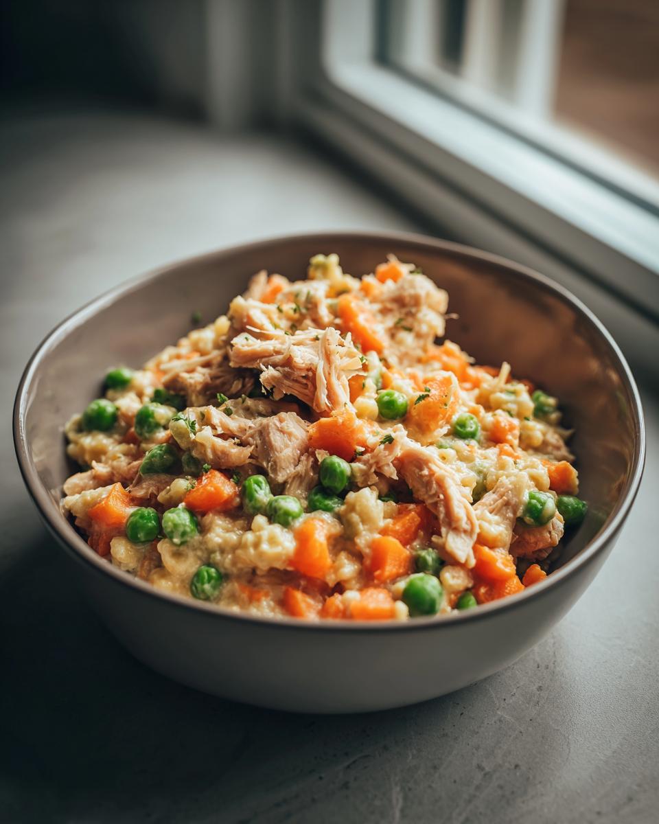 Close-up of a bowl of Healthy Indoor Cat Meal with chicken, peas, and carrots.