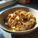 A bowl of High-Calorie Cat Recovery Meal with shredded chicken and rice.