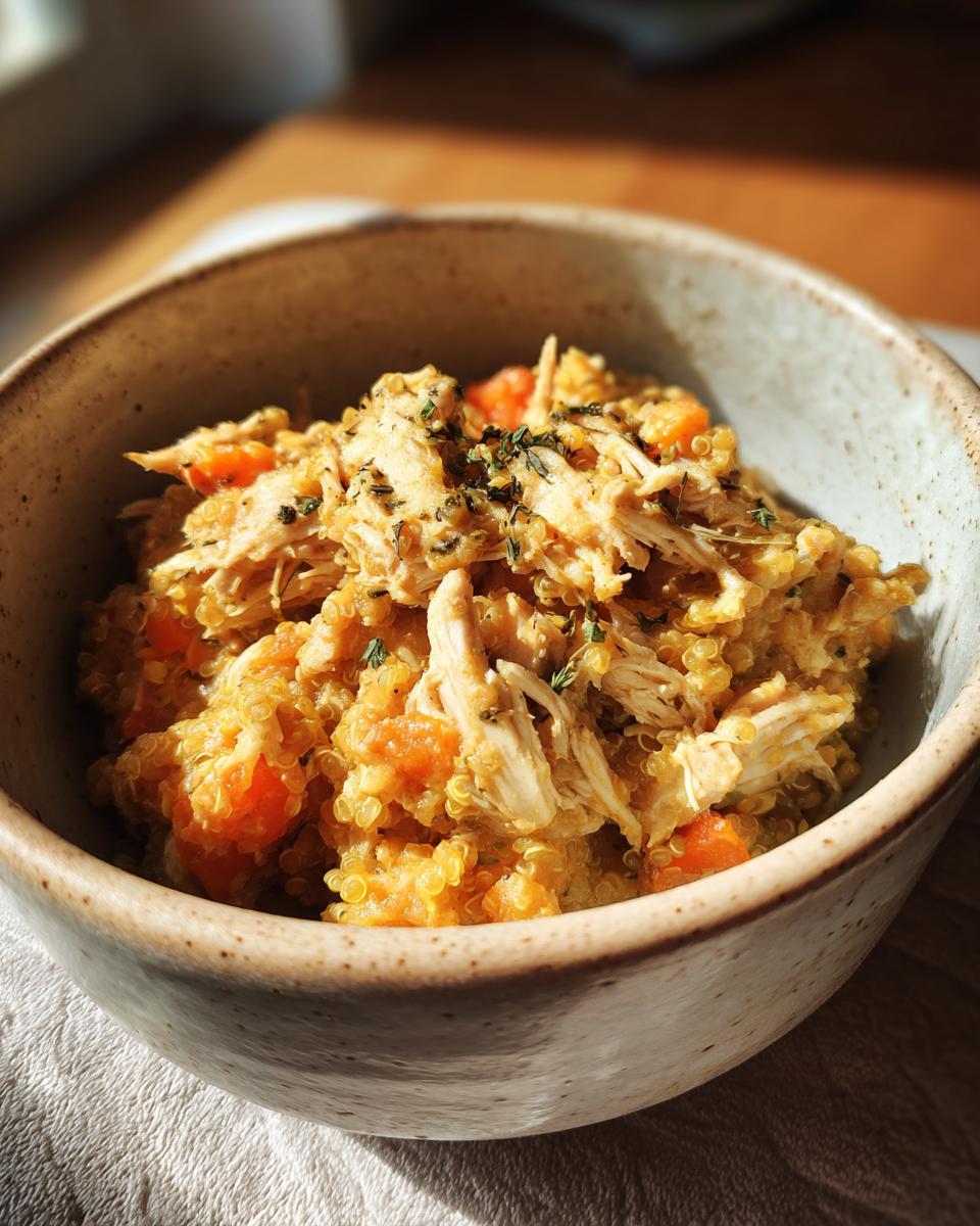 Close-up of a bowl filled with a High-Protein Senior Cat Meal, including chicken and quinoa.
