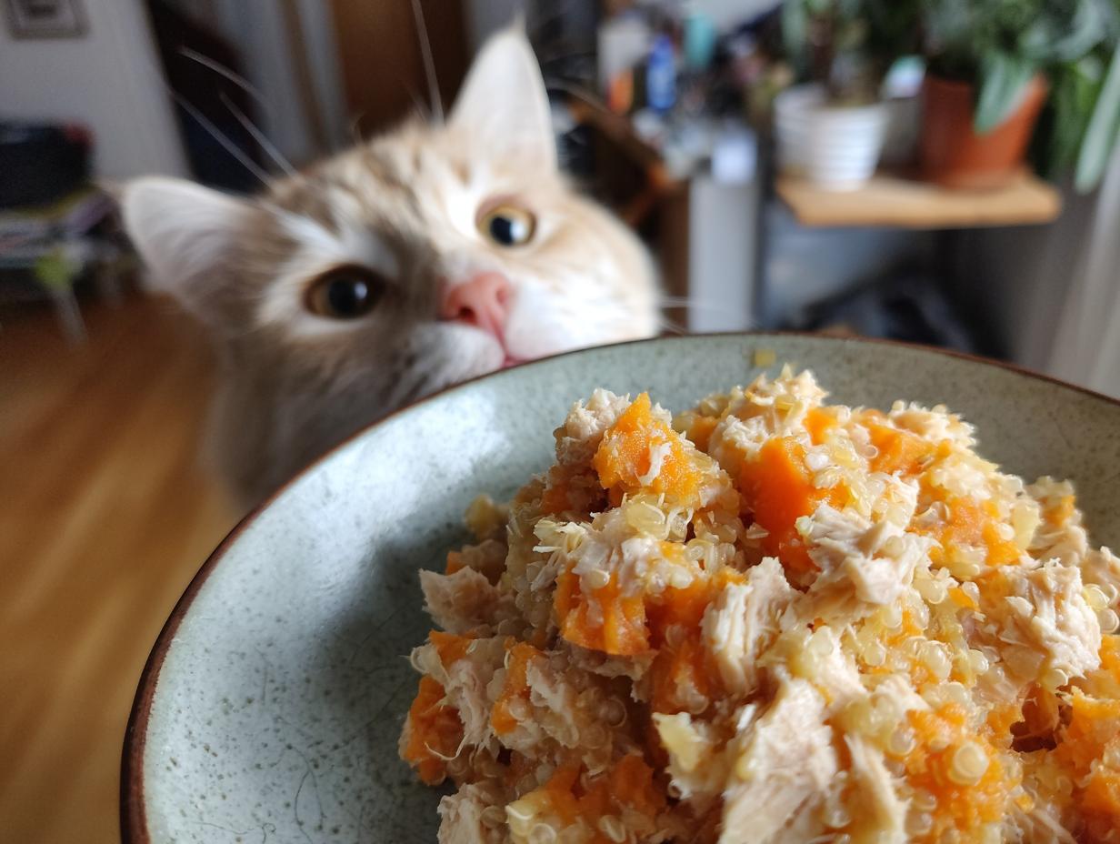 A cat looking intently at a bowl of High-Protein Senior Cat Meal, ready to eat.