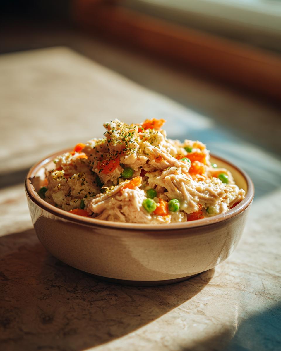 A bowl of homemade high-protein turkey cat food with vegetables.