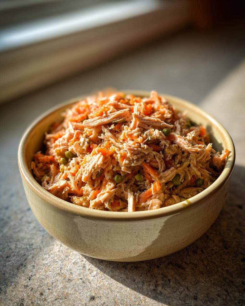A bowl of homemade High-Protein Turkey Cat Food with shredded turkey and vegetables.