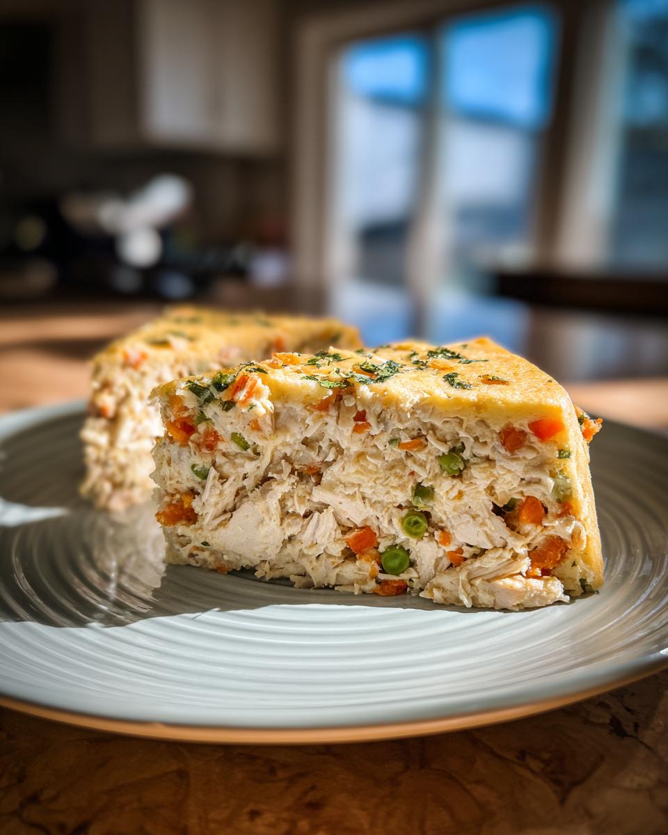 A slice of homemade cat birthday cake with chicken and vegetables on a plate, ready to serve.